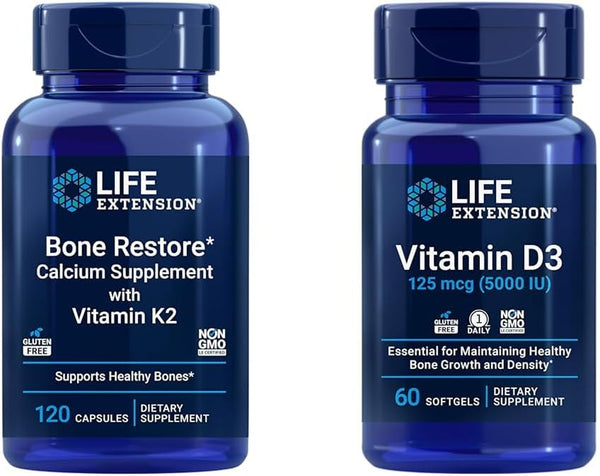 Life Extension Bone Restore + Vitamin K2 & Vitamin D3 5000 IU - Bone, Brain Health, Immune Support - 120 Capsules & 60 Softgels