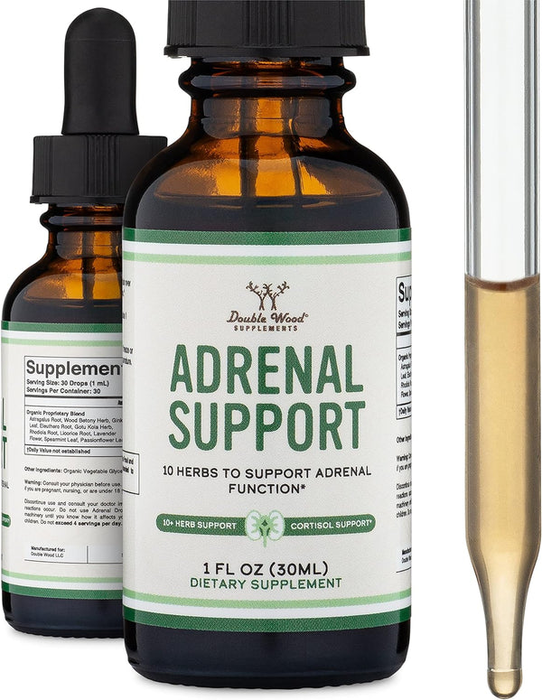 Adrenal Support Supplements (Liquid Drops) - 10 Organic Adaptogens for Adrenal Fatigue (One Month Supply) Cortisol Manager for Stress Relief (10 Apoptogenic Herbs for Adrenal Health) by Double Wood