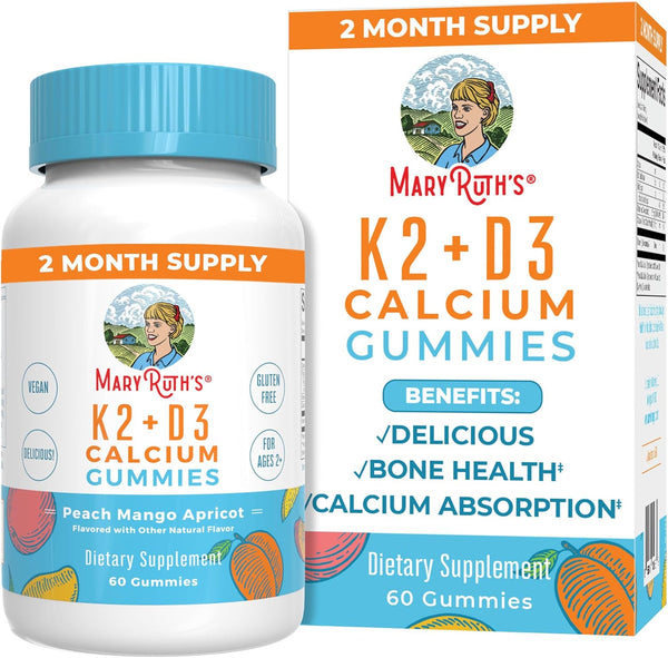 Maryruth Organics Calcium with Vitamin D & Vitamin K2, 2 Month Supply, Calcium Supplement Supports Bone Health & Joint Support, with Vitamins D3 K2 Gummies, Vegan, Non-Gmo, Gluten Free, 60 Count