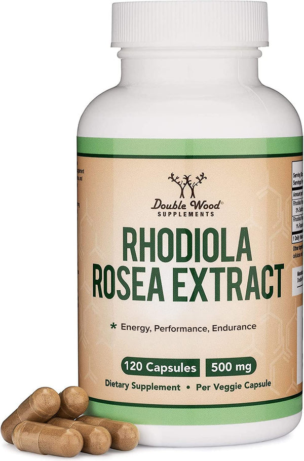 Rhodiola Rosea Supplement 500Mg, 120 Vegan Capsules (Encapsulated and Third Party Tested in the USA, 3% Salidrosides, 1% Rosavins Extract) for Performance, Calming, Motivation by Double Wood