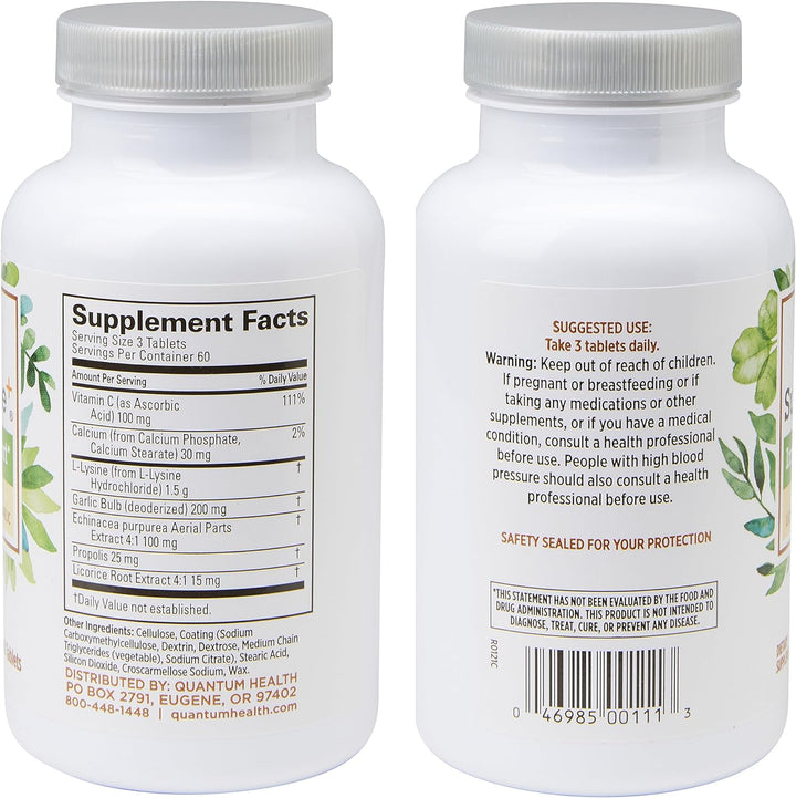 Superlysine+ Advanced Formula Immune Support Supplement Lysine 1500 Mg, Vitamin C Echinacea Licorice Bee Propolis & Odorless Garlic Daily Wellness Blend for Women & Men - 180 Tablets