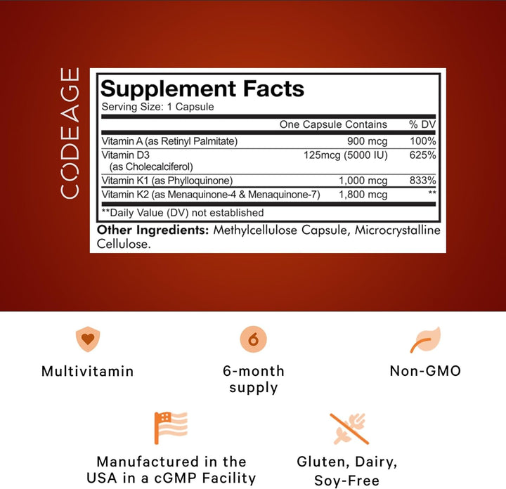 Codeage ADK Vitamin Supplement, Vitamin A, Vitamin D3 5000 IU Cholecalciferol, Vitamin K1 & K2 (MK4 & MK7), 6-Month Supply, Only One Daily Pill, Helps Support Immune Health, Bone & Heart, 2 Pack