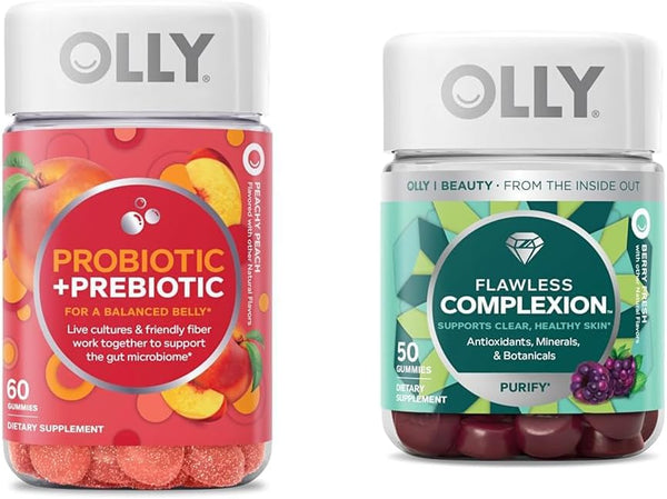OLLY Probiotic + Prebiotic Gummy Digestive Support 500 Million Cfus 30 Day Supply 60 Count Flawless Complexion Gummy Clear Skin Support Vitamins E a Zinc 50 Count