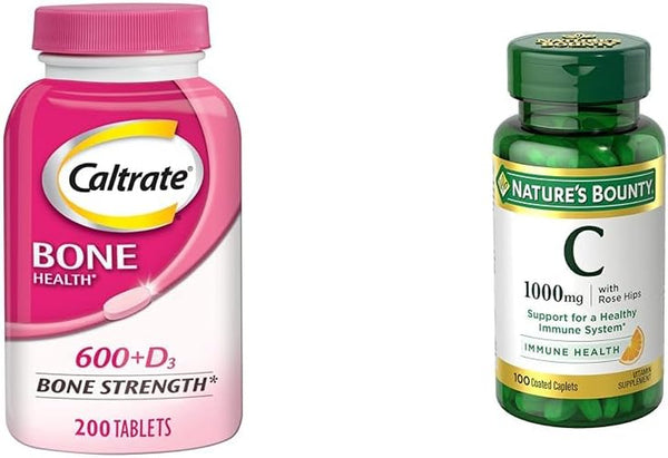 Caltrate 600 plus D3 Calcium and Vitamin D Supplement Tablets, Bone Health Supplements for Adults - 200 Count & Nature'S Bounty Vitamin C + Rose HIPS, Immune Support, 1000Mg, Coated Caplets, 100 Ct