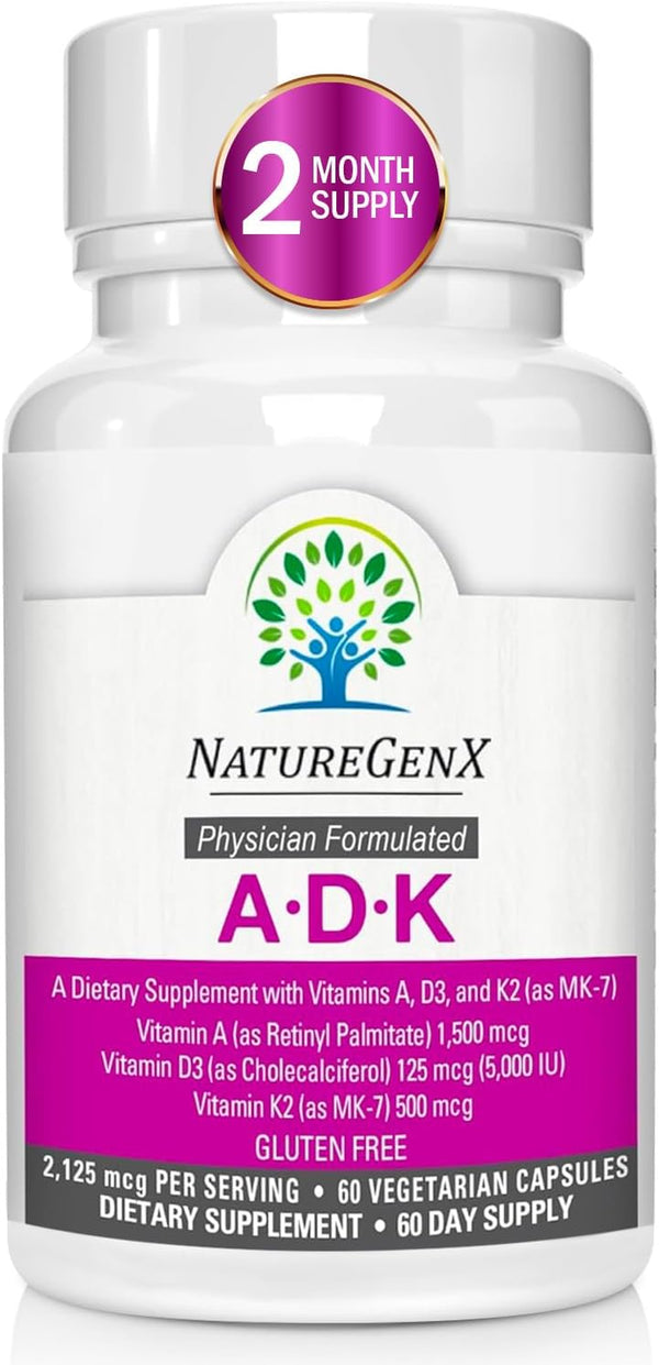 Naturegenx ADK Vitamin Supplement 5000 IU - High Potency Vitamins A, D3, and K2 for Bone Health and Calcium Absorption | Gluten-Free Vitamin ADK Supplement, 60 Day Supply, 60 Capsules