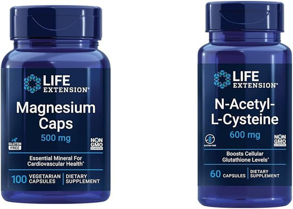 Life Extension Magnesium Caps, 500 Mg, Magnesium Oxide, Citrate, Succinate, Heart Health & N-Acetyl-L-Cysteine (NAC), Immune, Respiratory, Liver Health, NAC 600 Mg