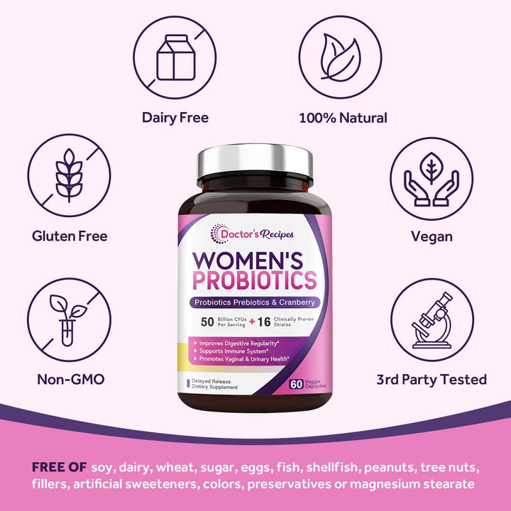 Doctor'S Recipes Probiotics for Women, 100 Billion CFU 32 Strains, with Prebiotic Fiber, Enzymes & Cranberry, Vaginal Urinary Digestive & Immune, No Yeast, Shelf Stable, Delayed Release, 30 Caps