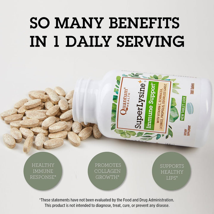 Superlysine+ Advanced Formula Immune Support Supplement Lysine 1500 Mg, Vitamin C Echinacea Licorice Bee Propolis & Odorless Garlic Daily Wellness Blend for Women & Men - 180 Tablets