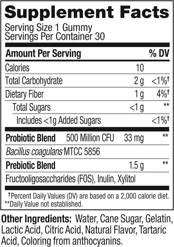 OLLY Probiotic + Prebiotic Gummy, Digestive Support and Gut Health, 500 Million Cfus, Fiber, Adult Chewable Supplement for Men and Women, Peach, 30 Day Supply - 30 Count