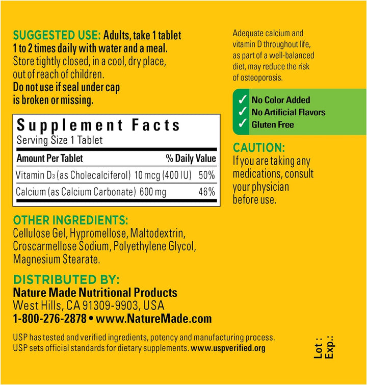Nature Made Calcium 600 Mg with Vitamin D3 for Immune Support, Tablets, Value Size, Helps Support Bone Strength, 120 Count (Pack of 3)
