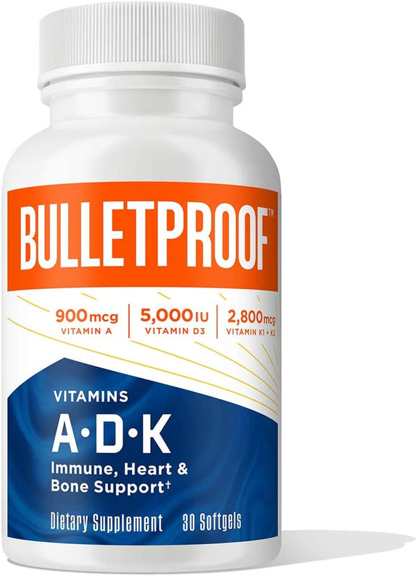 Vitamins A-D-K, 30 Softgels, 900Mcg Vitamin A, with 5000 IU D3, K1, K2, K3, High Potency Bulletproof Keto Supplement for Heart, Bone Health and Immune Support