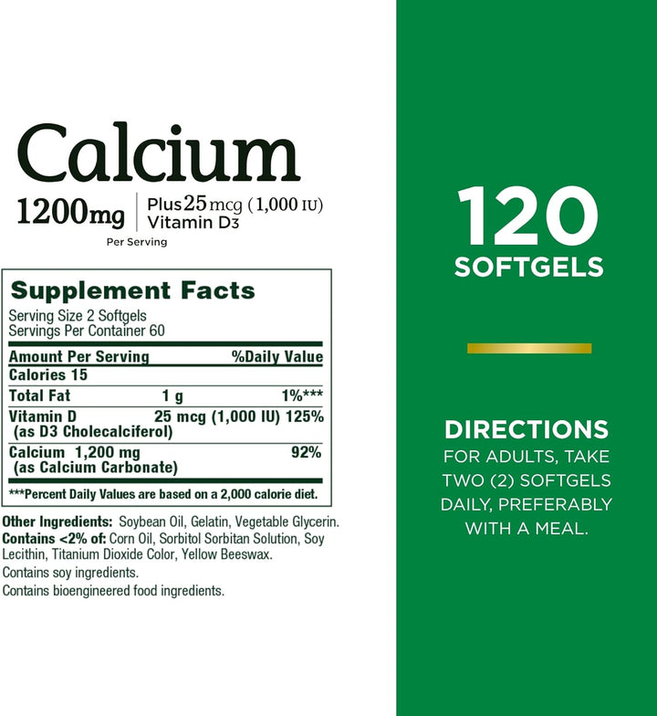Nature'S Bounty Calcium plus 1000 IU Vitamin D3, Immune Support & Bone Health, Softgels, 120 Ct (2-Pack)