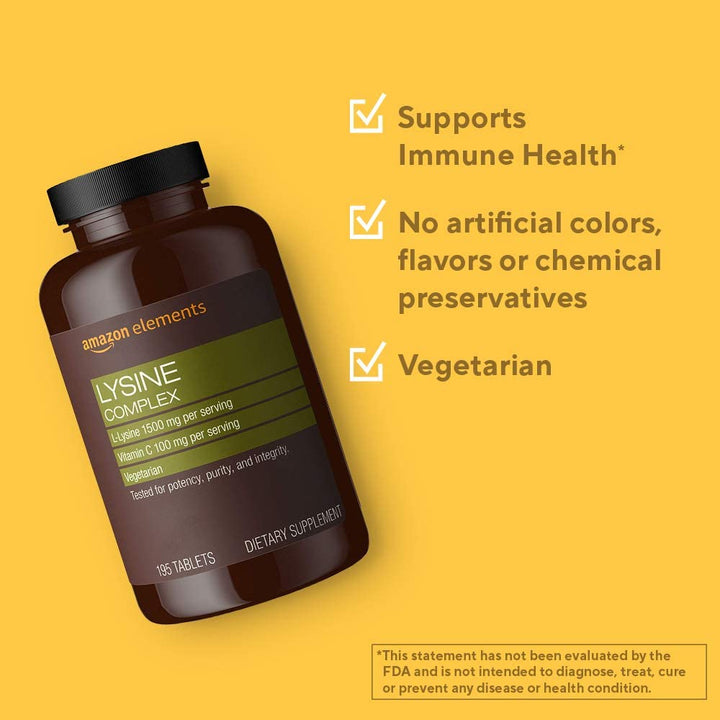 Amazon Elements Lysine Complex with Vitamin C (1500 Mg L-Lysine with 100 Mg Vitamin C per Serving - 3 Tablets), Supports Immune Health, Vegetarian, 195 Count (Packaging May Vary)