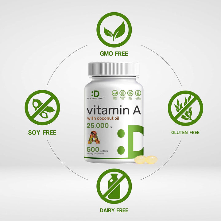 DEAL SUPPLEMENT High Potency Vitamin a 25000 IU, 500 Coconut Oil Softgels | Easily Absorbed, Natural Fish Liver Oil Source – Vitamins for Eye, Immune, & Skin Health – Easy to Swallow, Non-Gmo