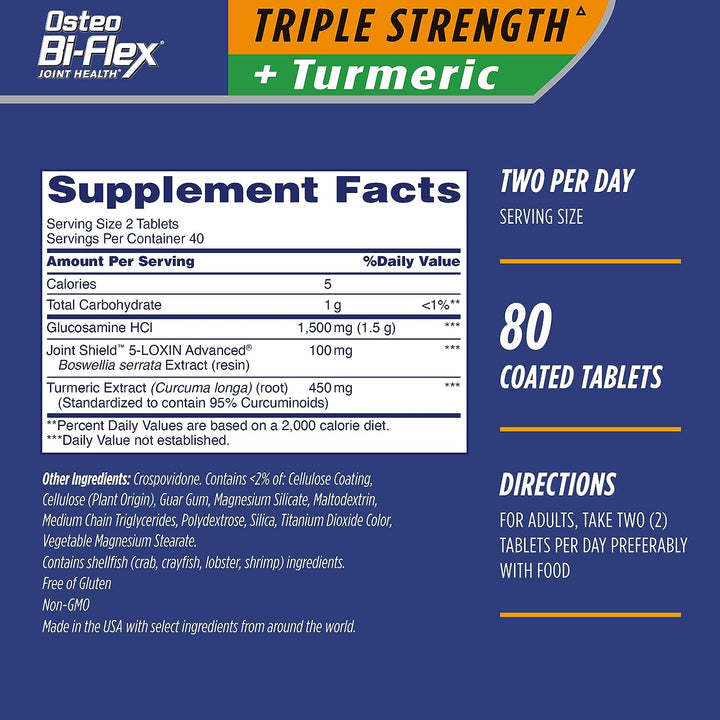 Osteo Bi-Flex Triple Strength Glucosamine with Turmeric, Joint Health Supplement, Coated Tablets, Original Version, 80 Count (Pack of 2)