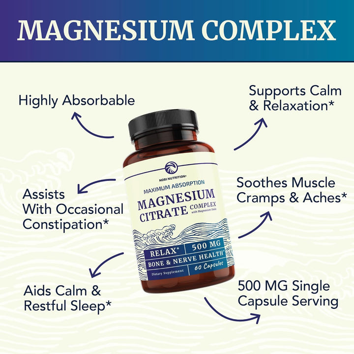 Magnesium Citrate 500MG for Calm, Relaxation, Constipation & Digestion Support Supplement | High Absorption Complex with Elemental Magnesium Oxide | Non-Gmo, Gluten-Free, Third-Party Tested | 60Ct