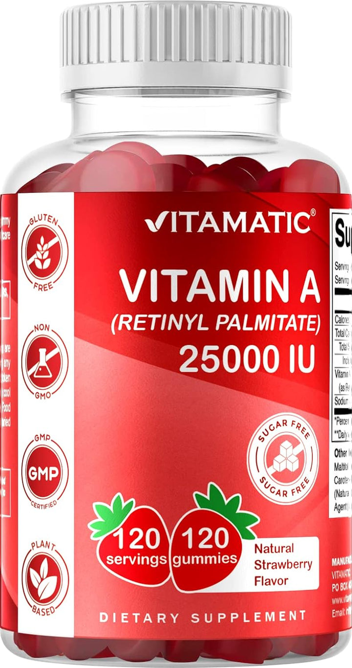 Vitamatic Sugar Free Vitamin a 25000 IU Gummies (Retinyl Palmitate) - Natural Strawberry Flavor - 120 Pectin Based Gummies (1 Bottle)