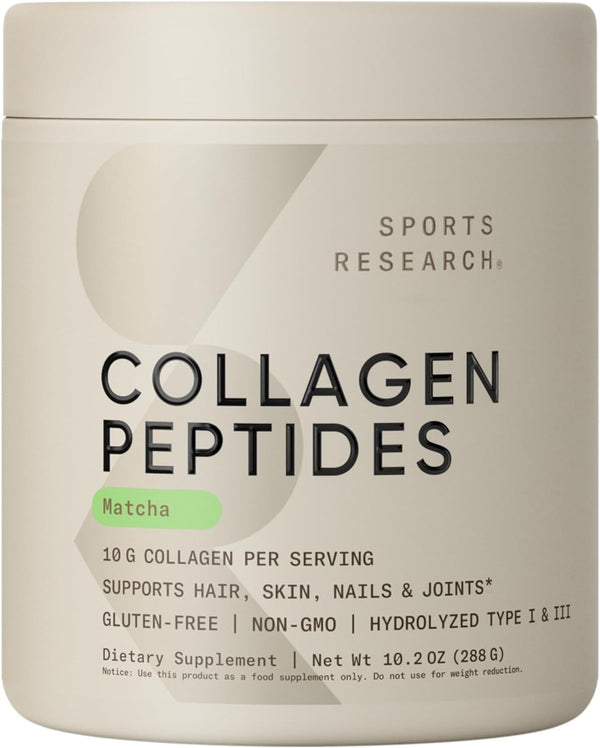 Sports Research Premium Collagen Peptides with Organic Matcha Green Tea - Collagen Powder Protein Supplement with Japanese Matcha and Amino Acids - Non-Gmo, Sugar & Gluten Free