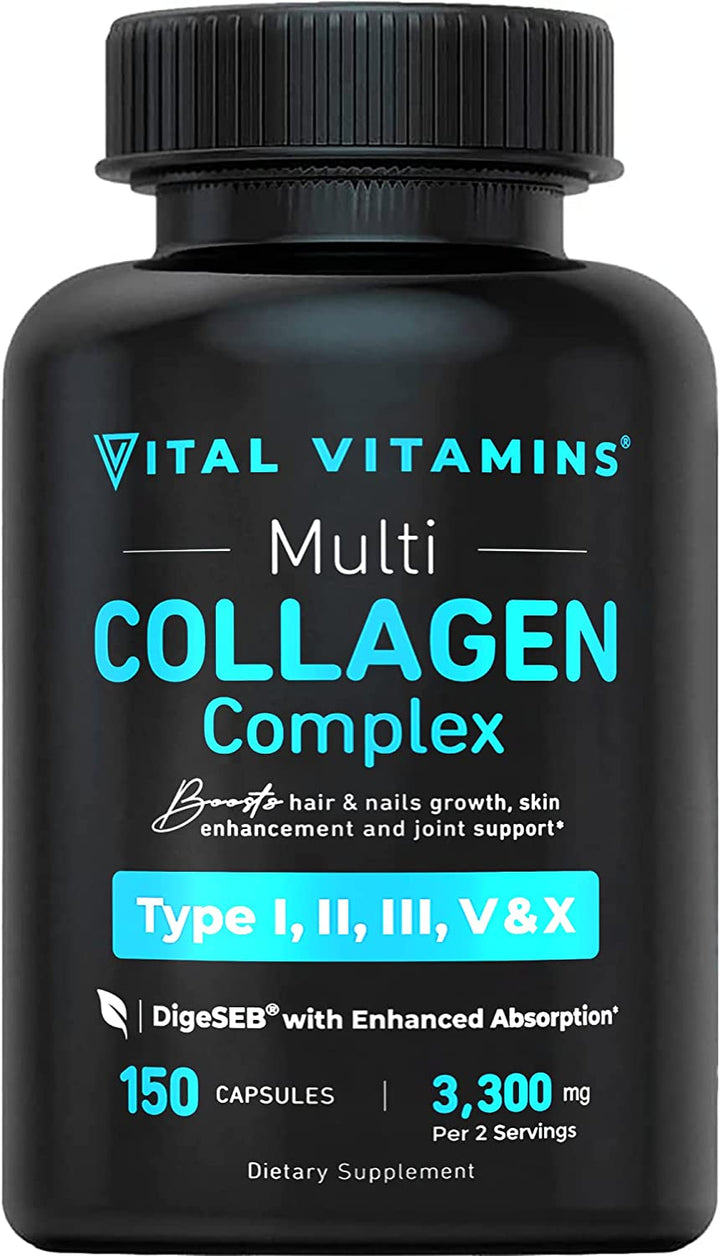 Vital Vitamins Multi Collagen plus - Biotin, Hyaluronic Acid, Vitamin C - Collagen for Women & Men - Hair Growth Support Supplement - Skin, Nails Beauty Complex - 150 Pills