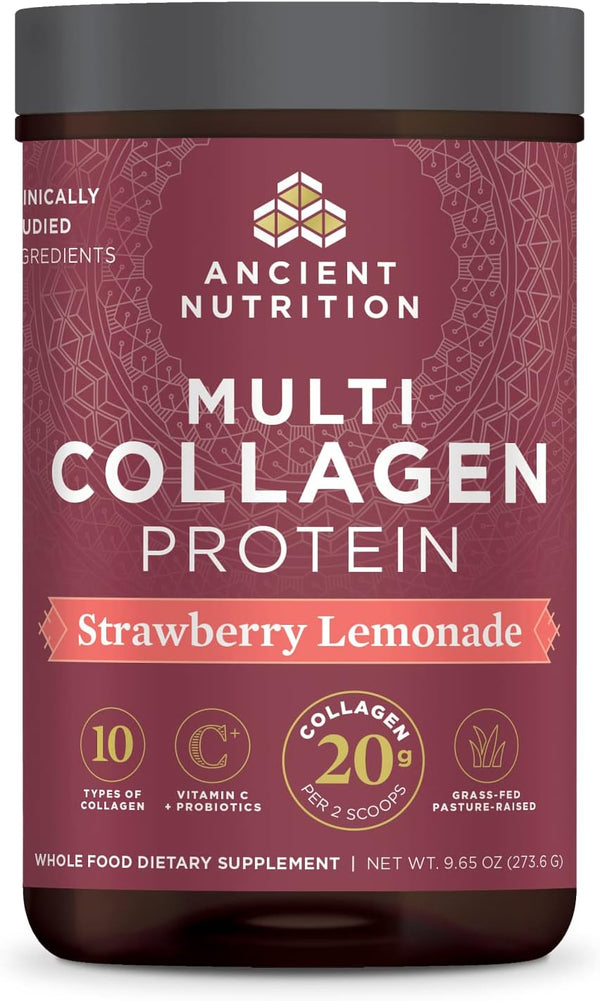 Ancient Nutrition Collagen Powder Protein, Multi Collagen Protein Powder, Strawberry Lemonade, 24 Servings, W/Vitamin C, Hydrolyzed Collagen Peptides for Skin, Nails, Gut Health and Joints, 9.65Oz