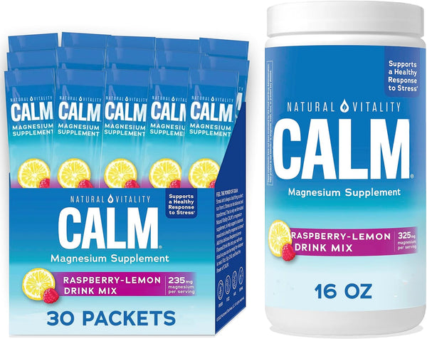 Natural Vitality Calm, Magnesium Citrate Supplement, Anti-Stress Drink Mix Powder - Gluten Free, Vegan, & Non-Gmo, Raspberry Lemon, 16 Oz (Pack of 1) & 0.12 Oz (Pack of 30)