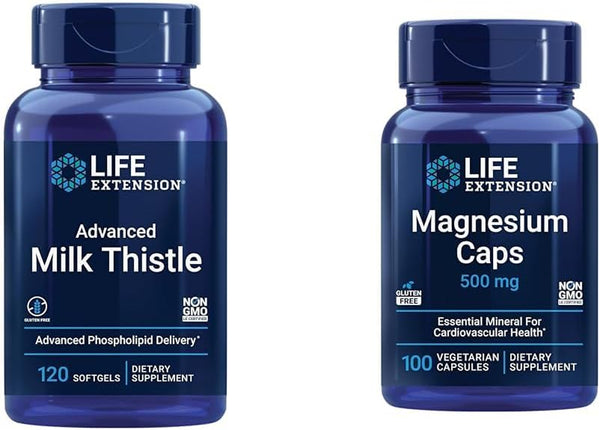 Life Extension Advanced Milk Thistle 120 Softgels and Magnesium 500Mg Capsules for Liver Health, Detox Support, Heart Health, and Healthy Bones