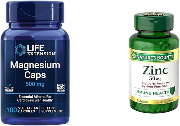 Life Extension Magnesium Caps, 500 Mg, Magnesium Oxide, Citrate, Succinate & Nature'S Bounty Zinc 50Mg, Immune Support & Antioxidant Supplement, Promotes Skin Health 250 Caplets