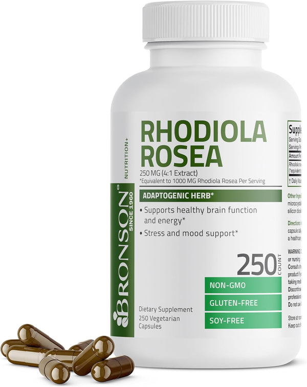 Bronson Rhodiola Rosea Vegetarian Capsules - Adaptogenic Herb - Brain, Stress & Mood Support - Non-Gmo, 250 Count