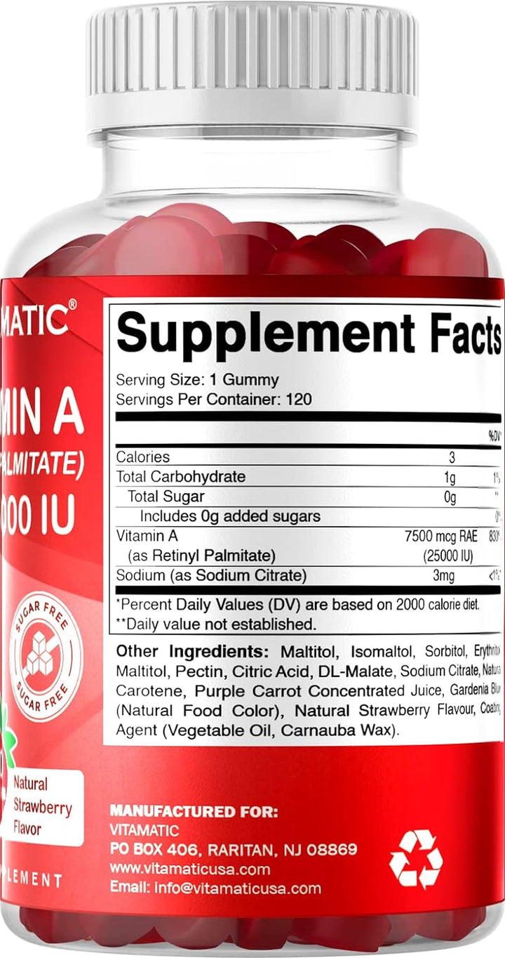 Vitamatic Sugar Free Vitamin a 25000 IU Gummies (Retinyl Palmitate) - Natural Strawberry Flavor - 120 Pectin Based Gummies (1 Bottle)