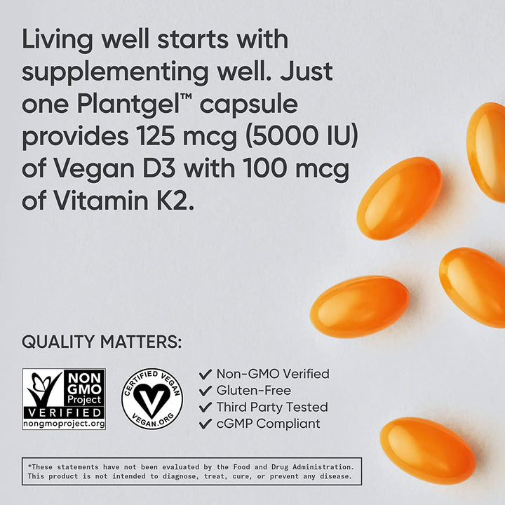 Sports Research Vitamin D3 + K2 with 5000Iu of Plant-Based D3 & 100Mcg of Vitamin K2 as MK-7 | Non-Gmo Verified & Vegan Certified,Softgel (120Ct)