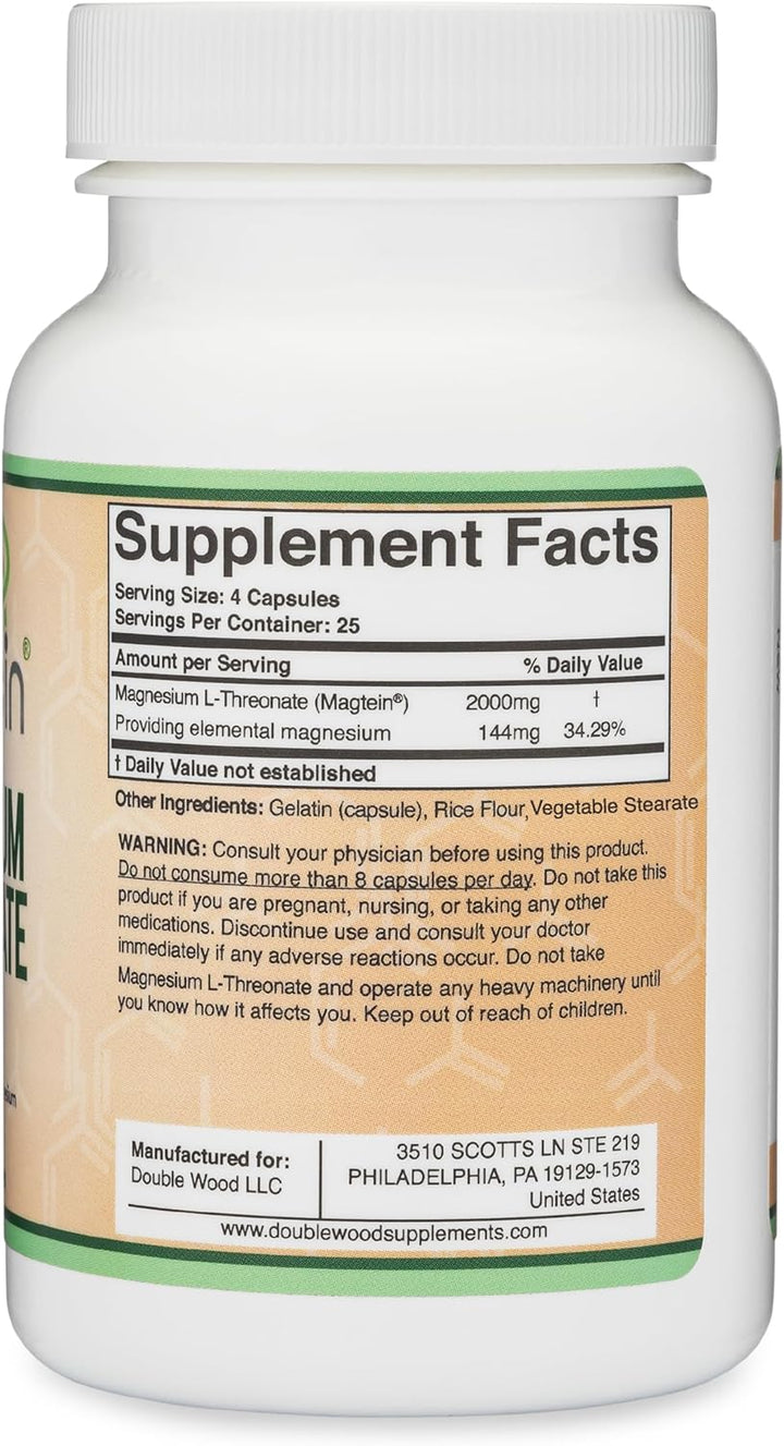 Magnesium L Threonate Capsules (Magtein) – High Absorption Supplement – Bioavailable Form for Sleep and Cognitive Function Support – 2,000 Mg – 100 Capsules