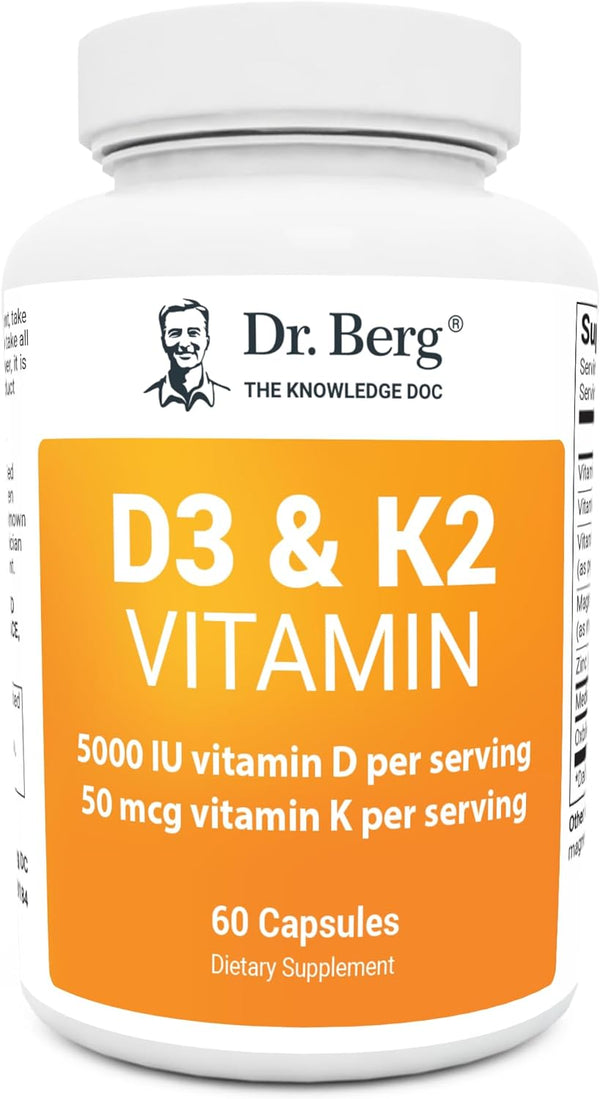 Dr. Berg D3 K2 Vitamin 5000 IU W/Mct Oil - Includes 50 Mcg MK7 Vitamin K2, Purified Bile Salts, Zinc & Magnesium for Ultimate Absorption - Supplement - 60 Capsules