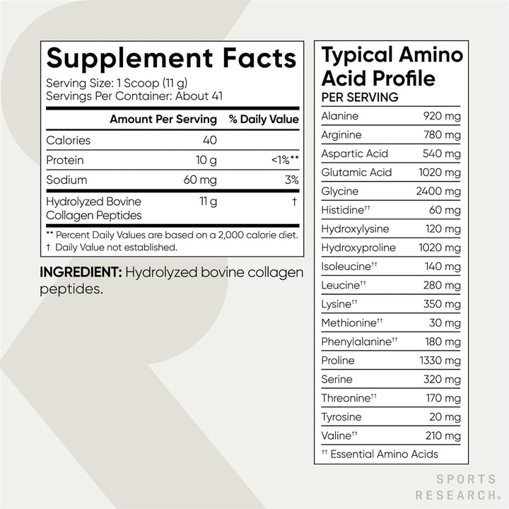 Sports Research Organic Collagen Peptides - Hydrolyzed Type I & III Collagen Protein Powder Made Sustainably from Grass-Fed Cows - Unflavored - 30 Servings