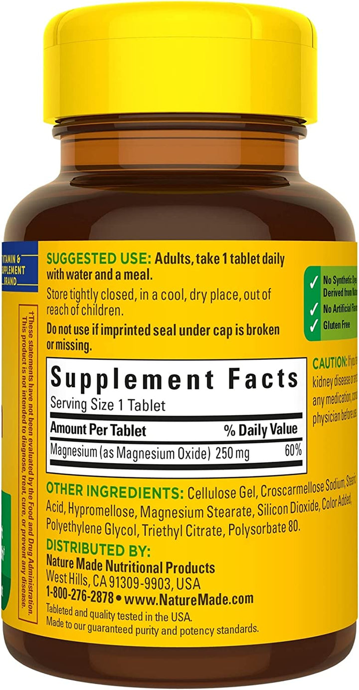 Nature Made Magnesium Oxide 250 Mg, Dietary Supplement for Muscle, Heart, Bone and Nerve Health Support, 100 Tablets, 100 Day Supply