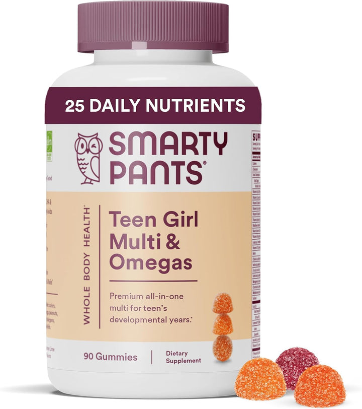 Smartypants Teen Girl Multivitamin Gummies: Omega 3 Fish Oil (EPA/DHA), Vitamin D3, C, Vitamin B12, B6, Vitamin A, K & Zinc, Gluten Free, Three Fruit Flavors, 90 Count (22 Day Supply)