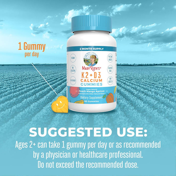 Maryruth Organics Calcium with Vitamin D & Vitamin K2, 2 Month Supply, Calcium Supplement Supports Bone Health & Joint Support, with Vitamins D3 K2 Gummies, Vegan, Non-Gmo, Gluten Free, 60 Count