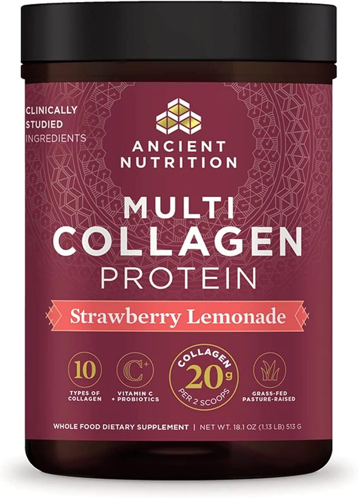 Ancient Nutrition Collagen Powder Protein, Multi Collagen Protein Powder, Strawberry Lemonade, 45 Servings, W/Vitamin C, Hydrolyzed Collagen Peptides for Skin, Nails, Gut Health and Joints, 18.1Oz