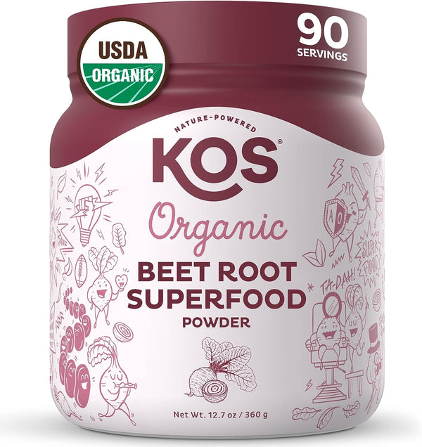 KOS Organic Beet Root Powder - USDA Certified, Nitric Oxide Booster, Non-Gmo, Gluten & Soy Free - 90 Servings
