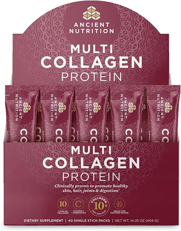 Ancient Nutrition Collagen Powder Protein, Unflavored Multi Collagen Powder Packets with Vitamin C, Pack of 40, Hydrolyzed Collagen Peptides Powder Packets Supports Skin and Nails, Gut Health