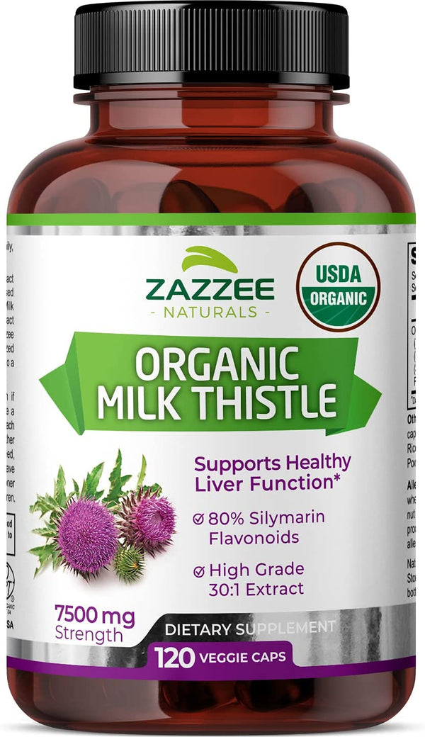 Zazzee USDA Organic Milk Thistle 30:1 Extract, 7500 Mg Strength, 120 Vegan Capsules, 80% Silymarin Flavonoids, Standardized and Concentrated 30X Extract, 100% Vegetarian, All-Natural and Non-Gmo