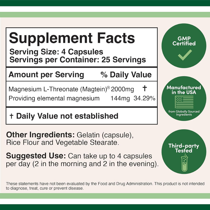 Magnesium L Threonate Capsules (Magtein) – High Absorption Supplement – Bioavailable Form for Sleep and Cognitive Function Support – 2,000 Mg – 100 Capsules