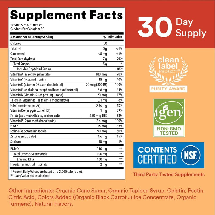 Smartypants Kids Multivitamin Gummies: Omega 3 Fish Oil (EPA/DHA), Vitamin D3, C, Vitamin B12, B6, Vitamin A, K & Zinc for Immune Support, Gluten Free, Three Fruit Flavors, 90 Count (22 Day Supply)