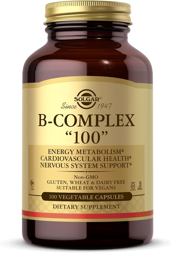 Solgar B-Complex "100", 100 Vegetable Capsules - Heart Health - Nervous System Support - Supports Energy Metabolism - Non GMO, Vegan, Gluten/ Dairy Free, Kosher, Halal - 100 Servings