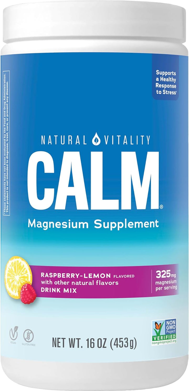 Natural Vitality Calm, Magnesium Citrate Supplement, Anti-Stress Drink Mix Powder - Gluten Free, Vegan, & Non-Gmo, Raspberry Lemon, 16 Oz (Pack of 1) & 0.12 Oz (Pack of 30)