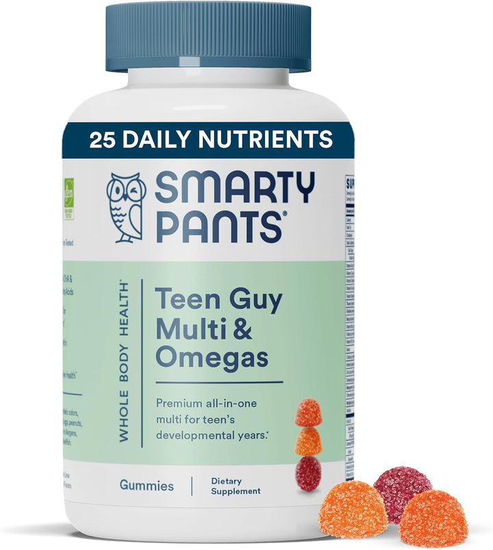 Smartypants Teen Guy Multivitamin Gummies: Omega 3 Fish Oil (EPA/DHA), Vitamin D3, C, Vitamin B12, B6, Vitamin A, K & Zinc, Gluten Free, Three Fruit Flavors, 90 Count (22 Day Supply)