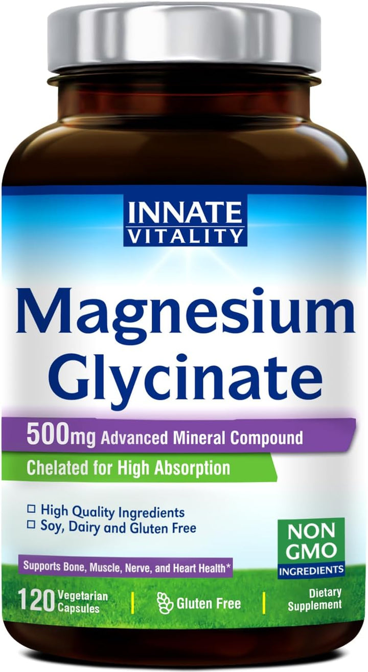 Innate Vitality Magnesium Glycinate 500Mg, 70Mg Elemental Magnesium per Cap, High Absorption, Non-Gmo No Gluten, Nerve, Muscle, Bone, Heart Health, 120 Veggie Capsules