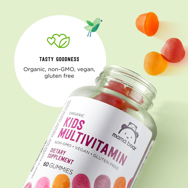 Amazon Brand - Mama Bear Organic Kids Multivitamin, 60 Gummies, 1 Month Supply (Packaging May Vary), Berry, Cherry & Orange