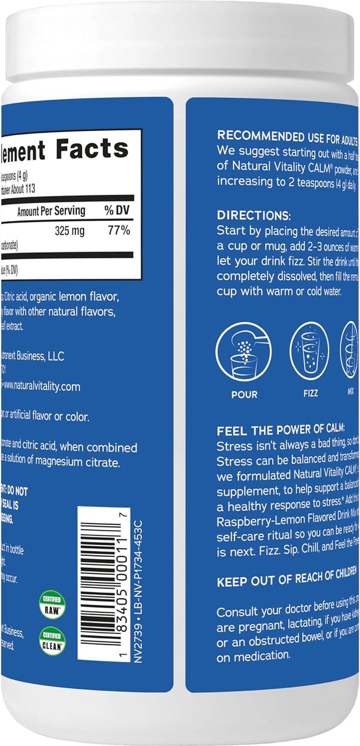 Natural Vitality Calm, Magnesium Citrate Supplement, Anti-Stress Drink Mix Powder - Gluten Free, Vegan, & Non-Gmo, Raspberry Lemon, 16 Oz (Pack of 1) & 0.12 Oz (Pack of 30)