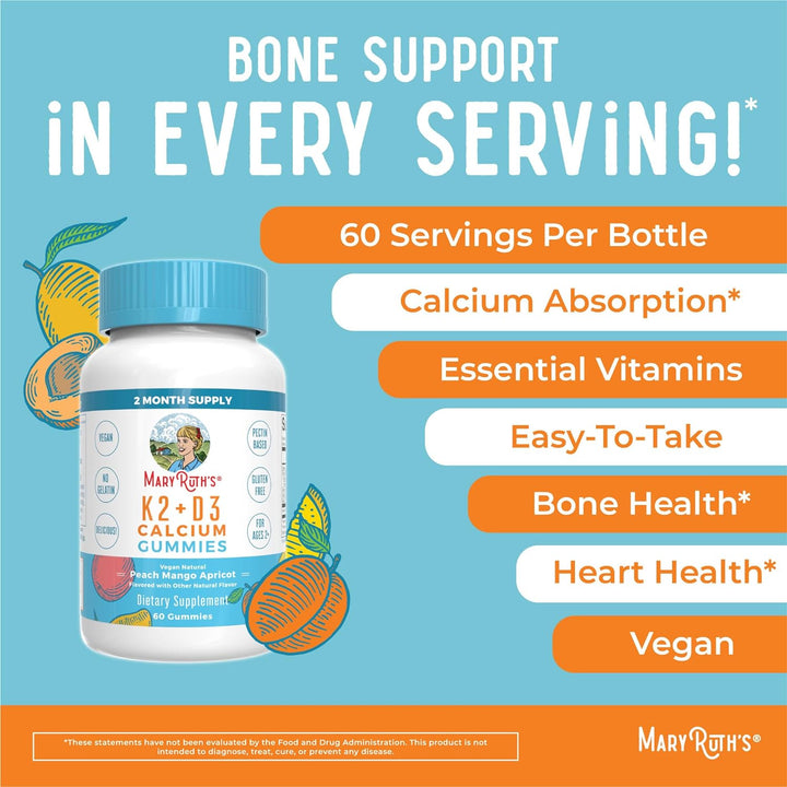 Maryruth Organics Calcium with Vitamin D & Vitamin K2, 2 Month Supply, Calcium Supplement Supports Bone Health & Joint Support, with Vitamins D3 K2 Gummies, Vegan, Non-Gmo, Gluten Free, 60 Count