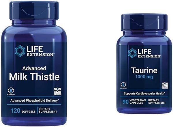 Life Extension Advanced Milk Thistle 120 Softgels and Taurine 1000Mg 90 Capsules Liver Health Bundle